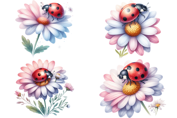 Download 4 Watercolor Ladybug and Flowers Bundle - Ladybug Collection